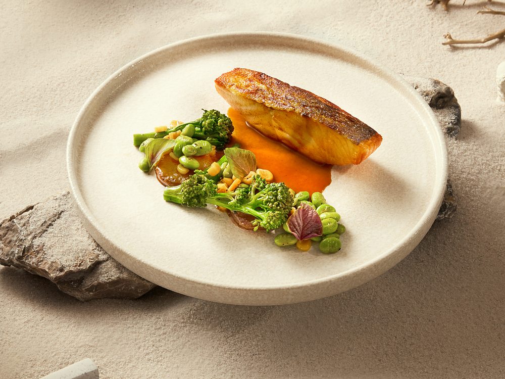 Crispy-skin fish with vegetables and carrot purée